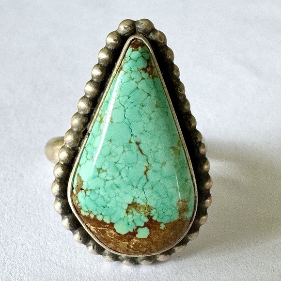 Native American Navajo Indian Turquoise Jewelry Jewelry - Navajo #8 Mine Turquoise Ring Sz 8.5 Teardrop Signed Skeets Sterling Native Amer